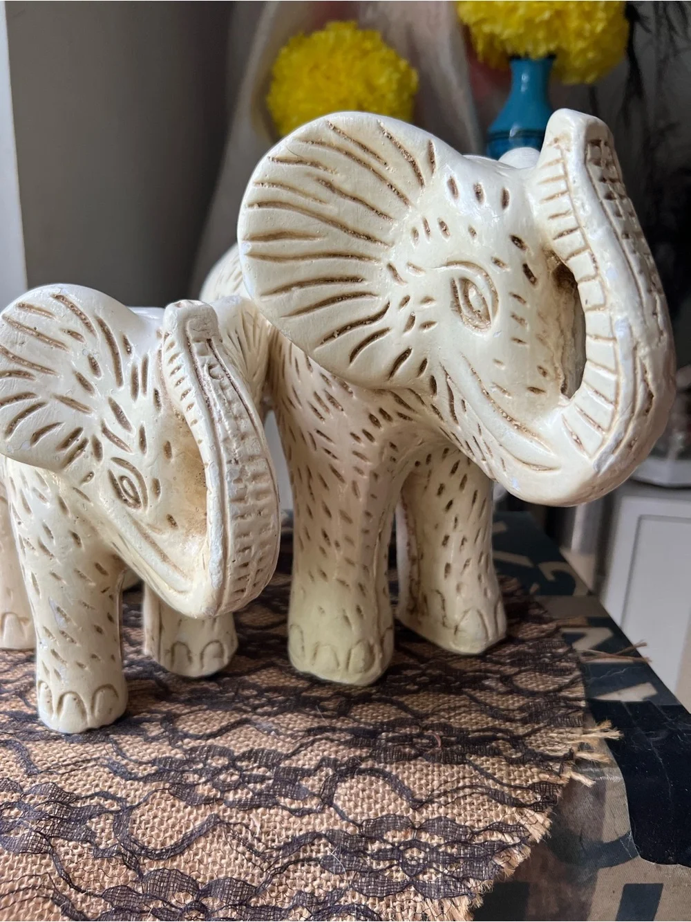 Rustic Boho Talavera Pottery Elephant & Babe Statuettes GUC